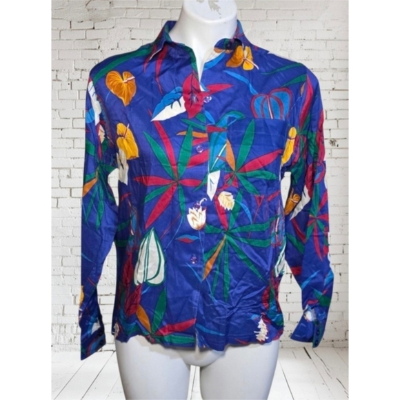 Par4 Petites Tropical Button Down Shirt Purple Size 12P - Picture 7 of 7